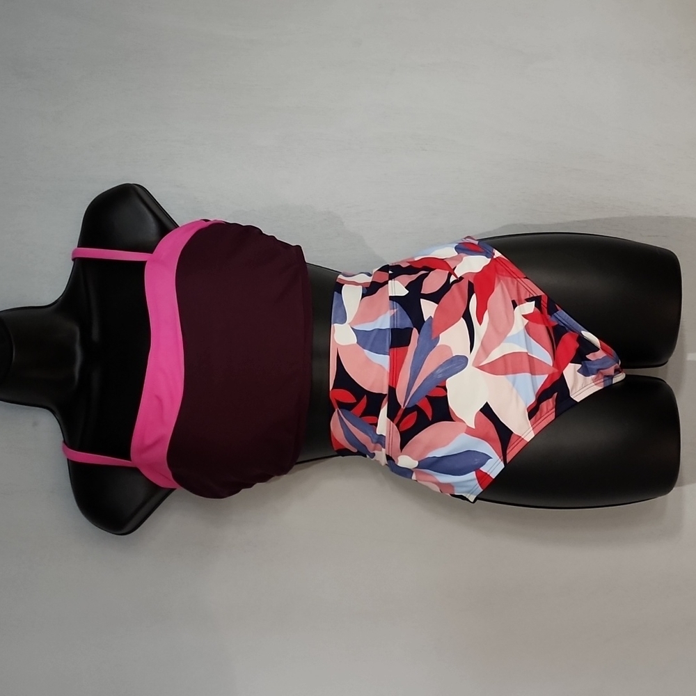 Kona Sol Pink and Burgundy Two-Piece High-Waist Bikini Set